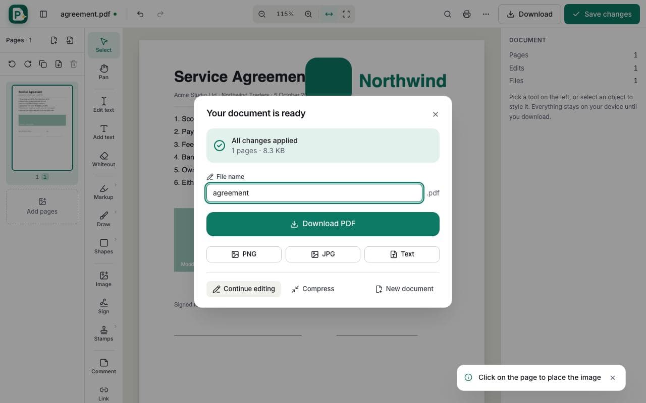 How to add an image to a PDF: step 4, save and download in PDFella
