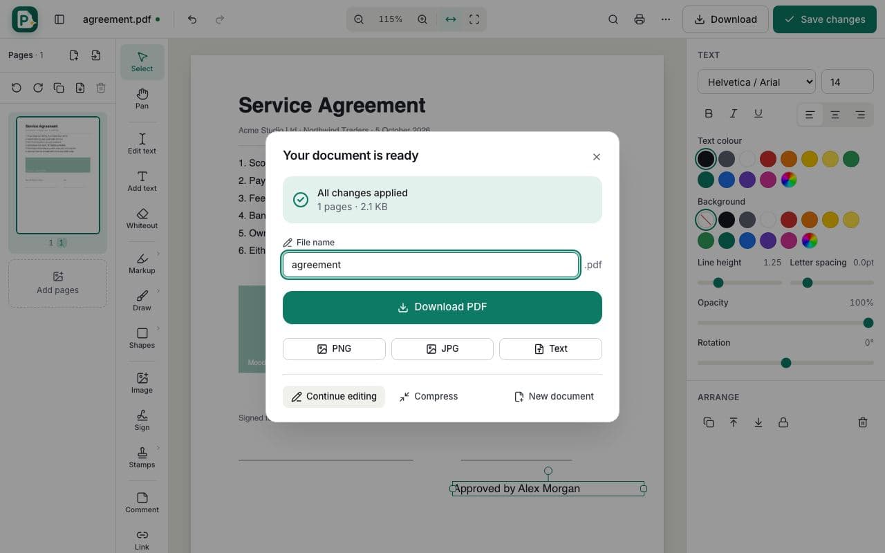 How to add text to a PDF: step 4, save and download in PDFella