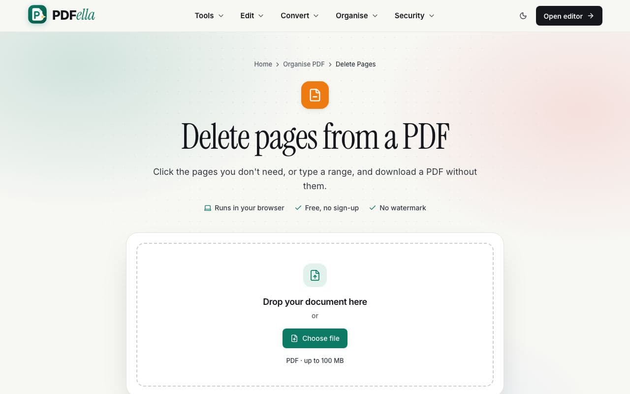 How to delete pages from a PDF: step 1, upload your pdf in PDFella