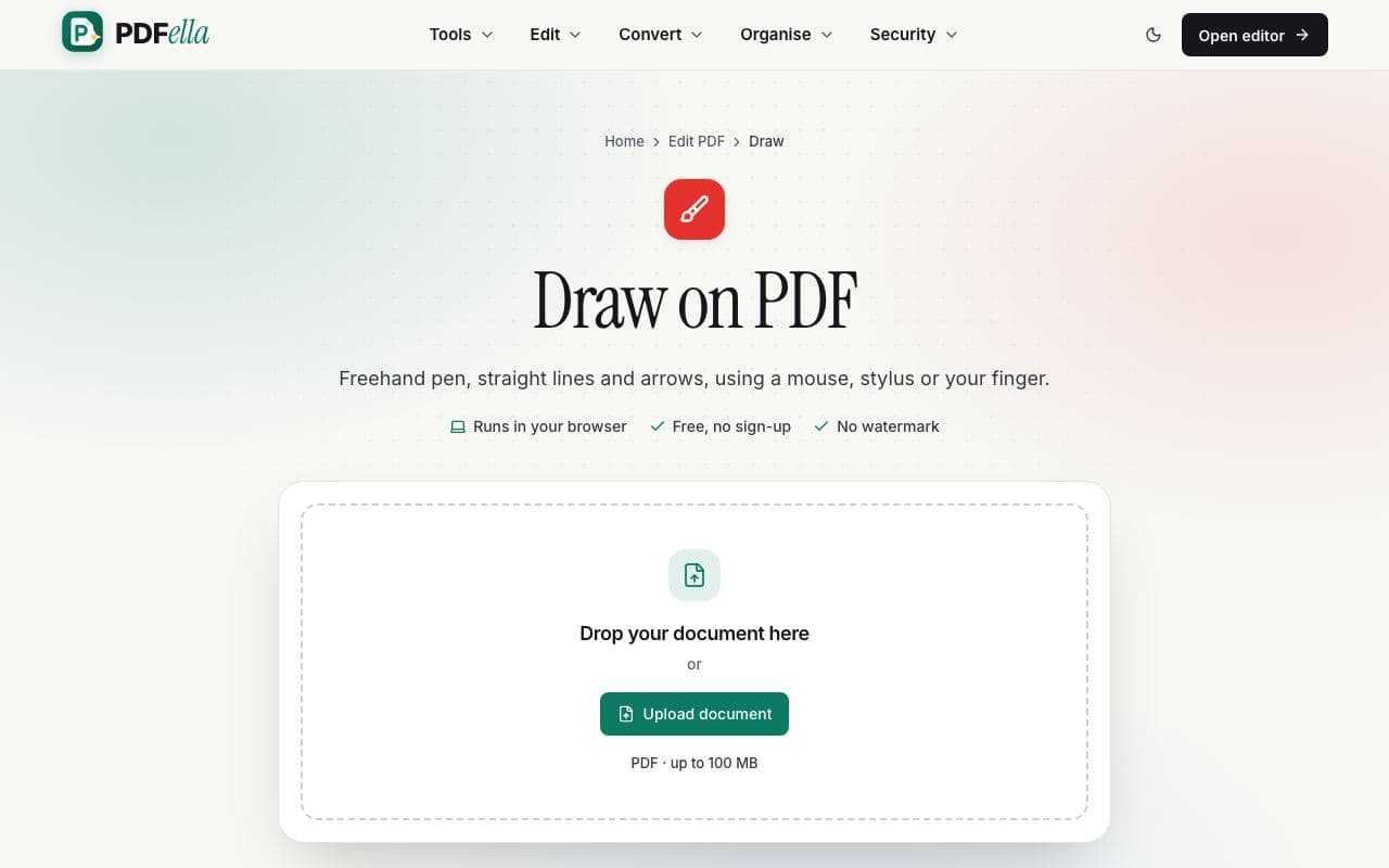 How to draw on a PDF: step 1, upload your pdf in PDFella