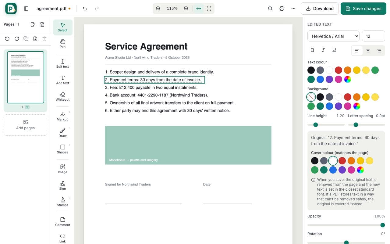 How to edit a PDF online: step 2, double-click the text you want to change in PDFella