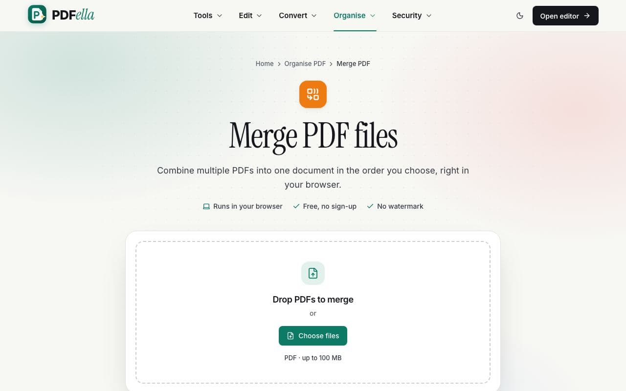 How to merge PDF files: step 1, upload the pdfs you want to combine in PDFella