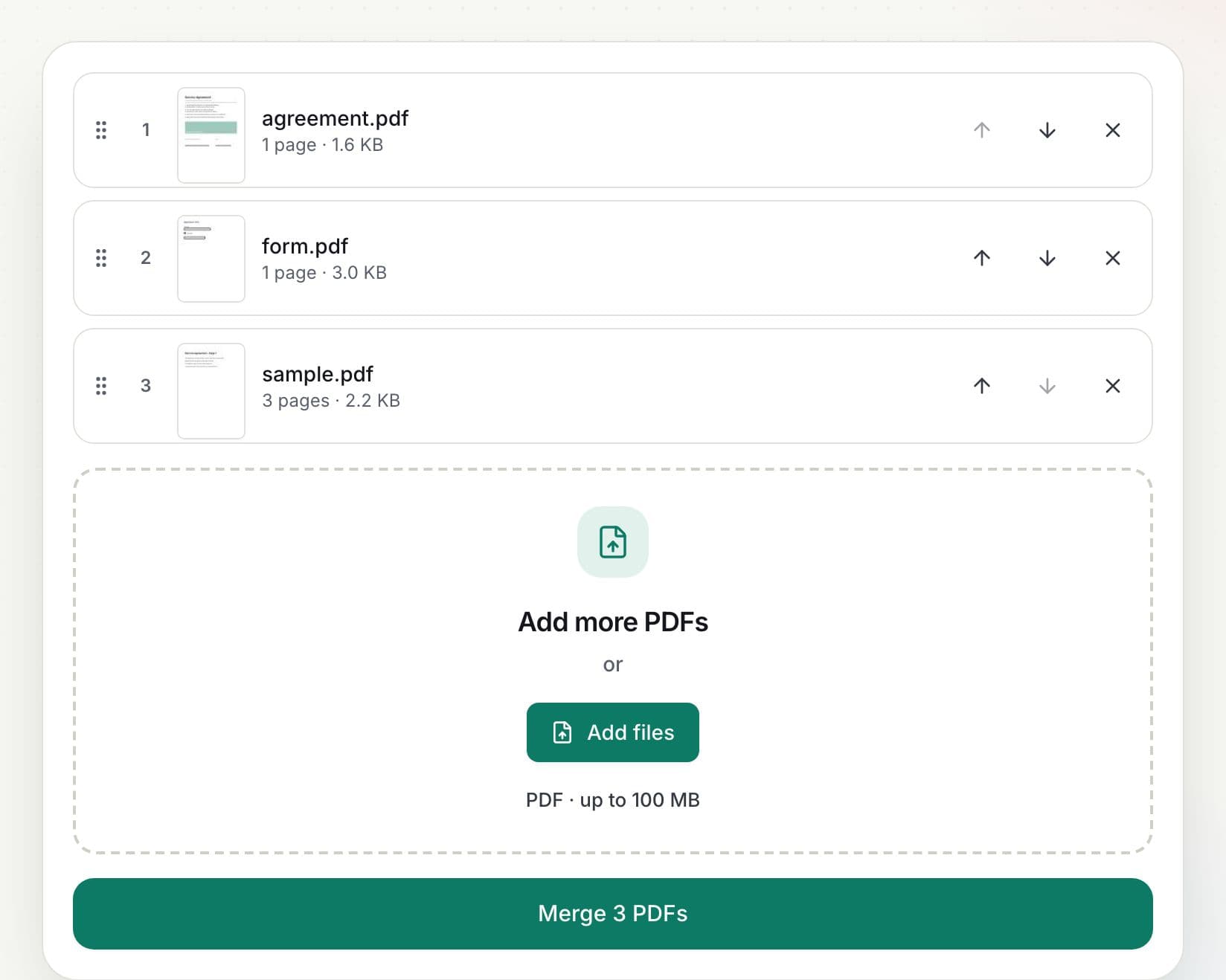 How to merge PDF files: step 2, put the files in order in PDFella