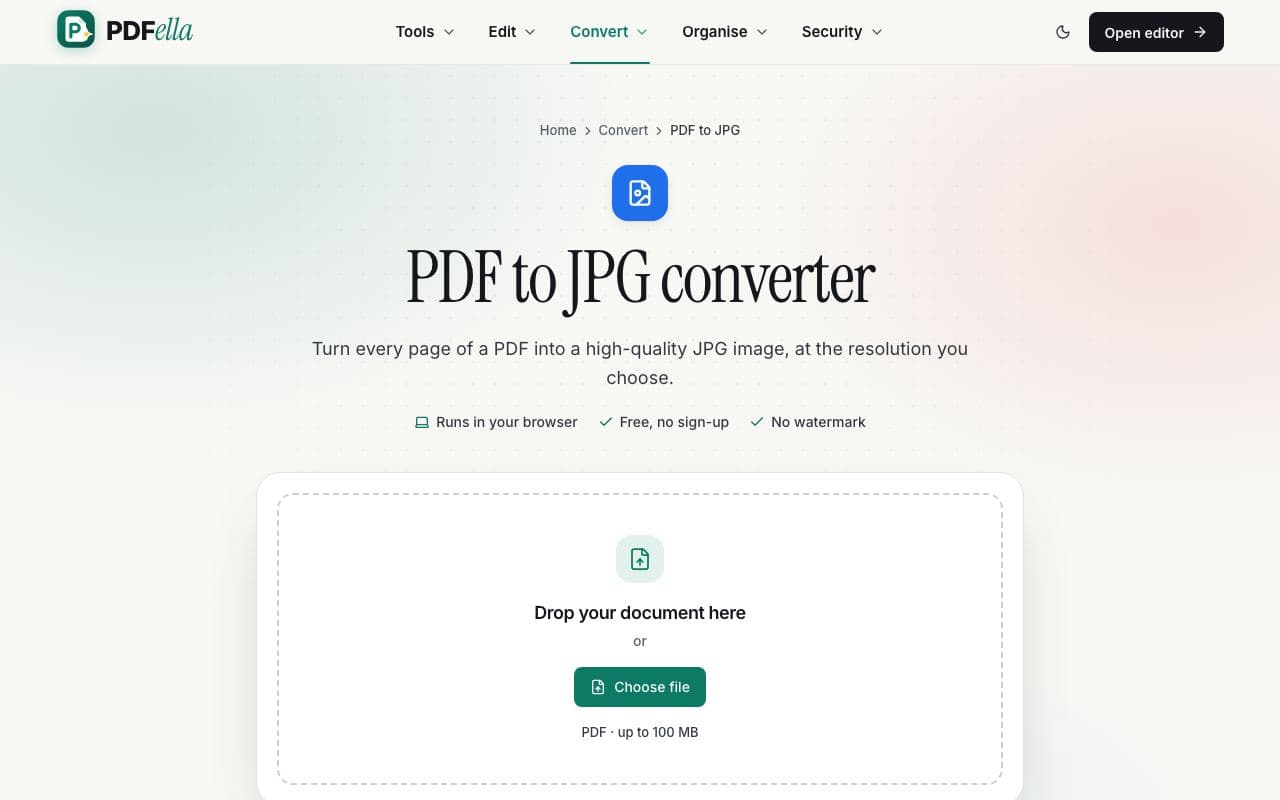 How to convert PDF to JPG: step 1, upload your pdf in PDFella