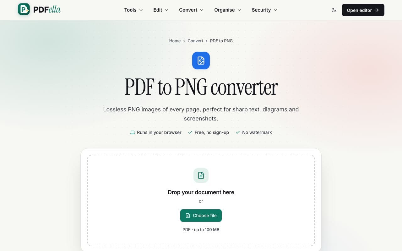 How to convert PDF to PNG: step 1, upload your pdf in PDFella