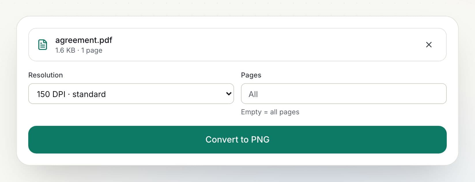 How to convert PDF to PNG: step 2, choose resolution and pages in PDFella