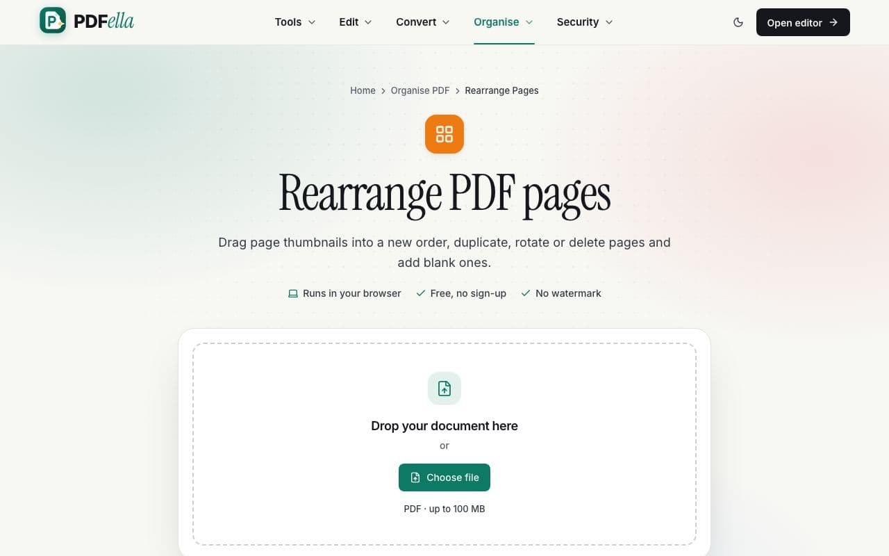 How to rearrange pages in a PDF: step 1, upload your pdf in PDFella