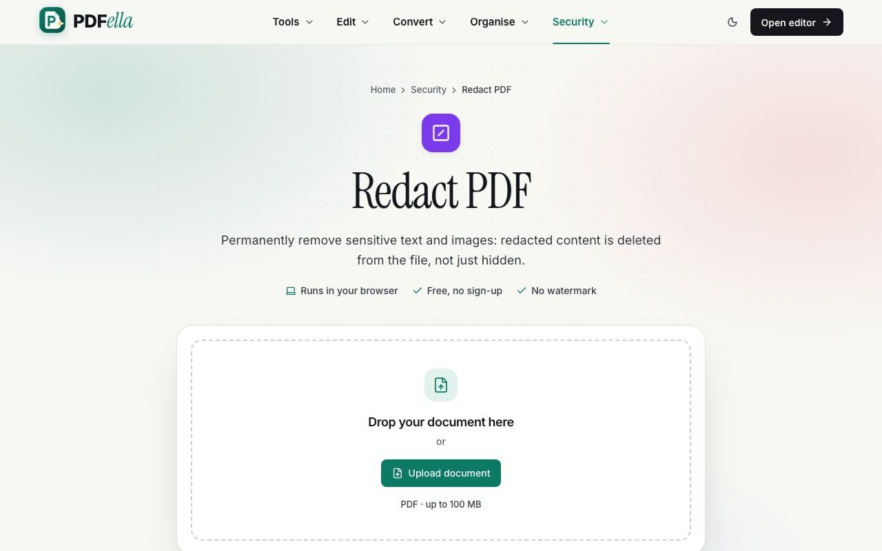 How to redact a PDF: step 1, upload your pdf in PDFella
