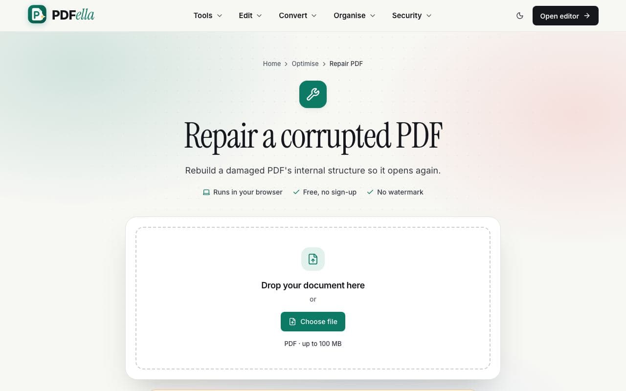 How to repair a PDF: step 1, upload your pdf in PDFella