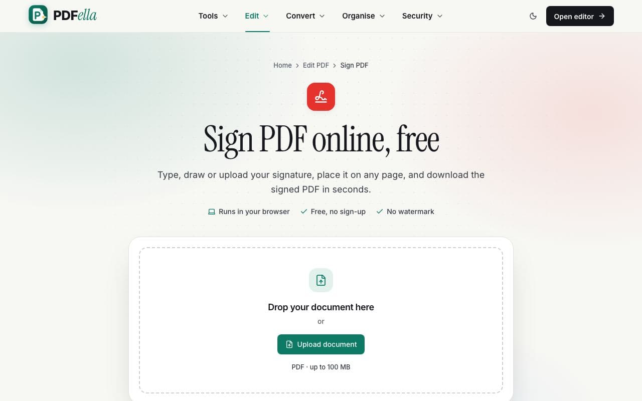 How to sign a PDF online: step 1, upload your pdf in PDFella