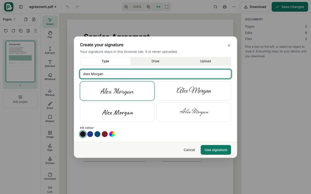 How to sign a PDF online: step 2, create your signature in PDFella