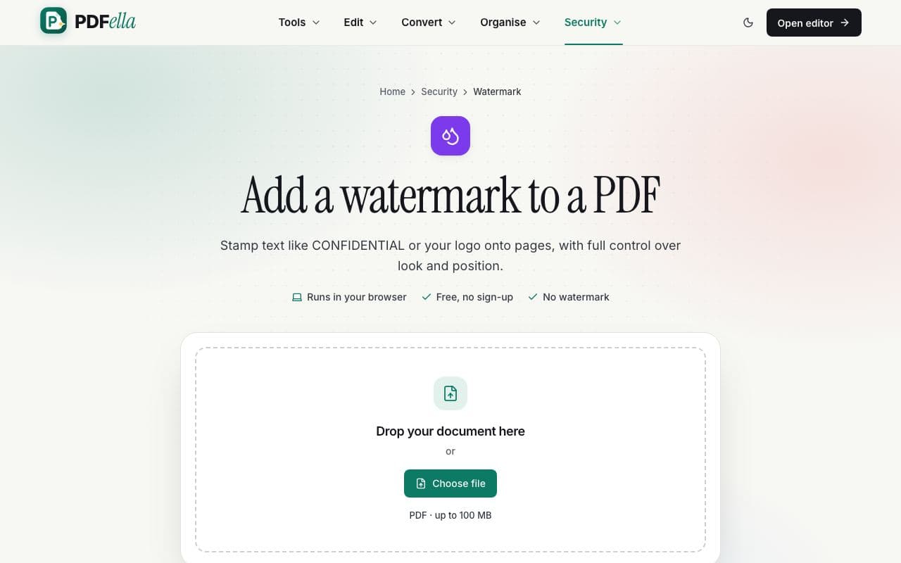 How to add a watermark to a PDF: step 1, upload your pdf in PDFella