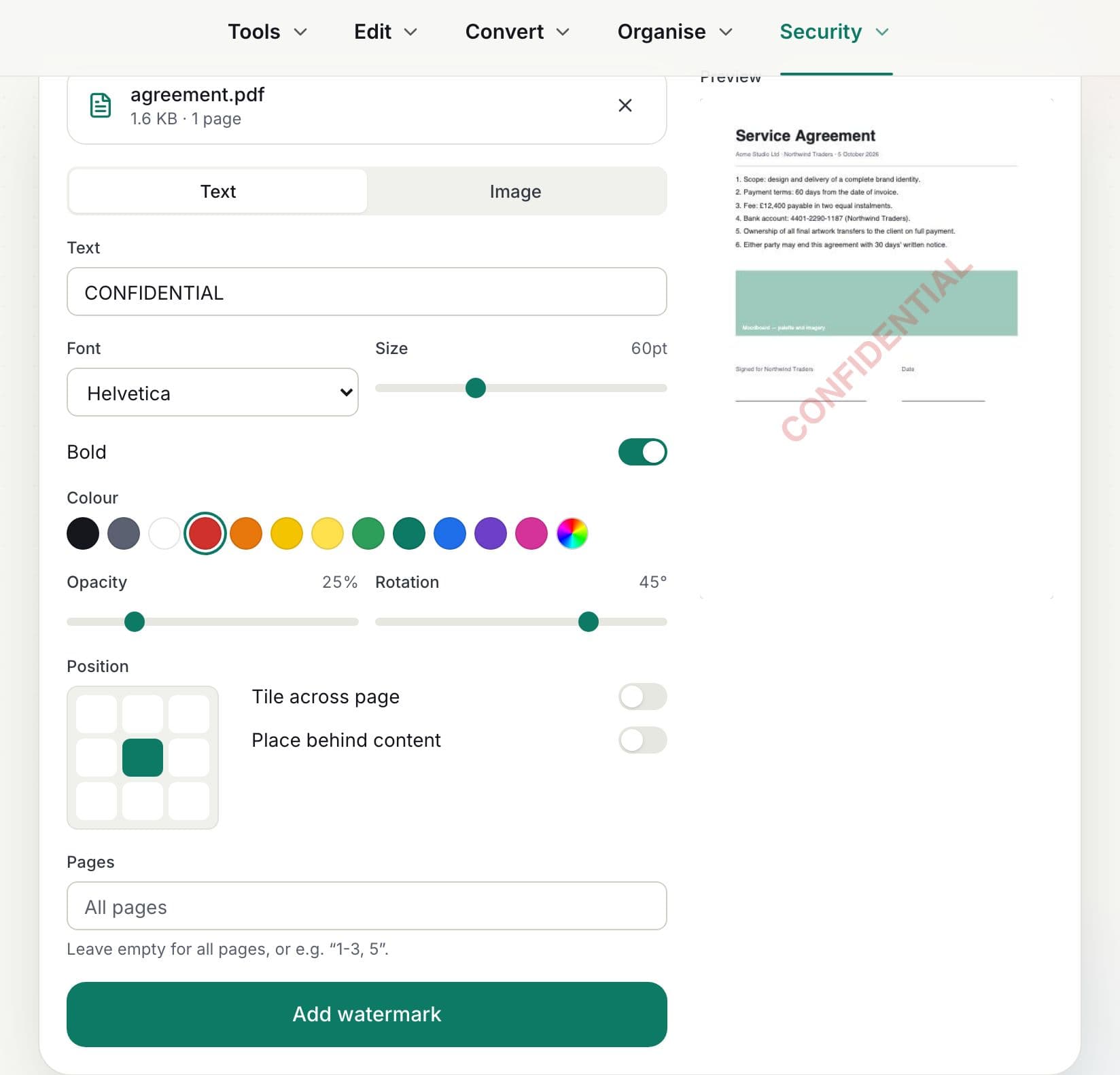 How to add a watermark to a PDF: step 2, design your watermark in PDFella