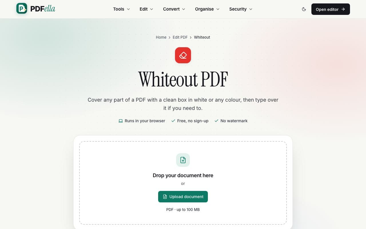 How to white out text in a PDF: step 1, upload your pdf in PDFella