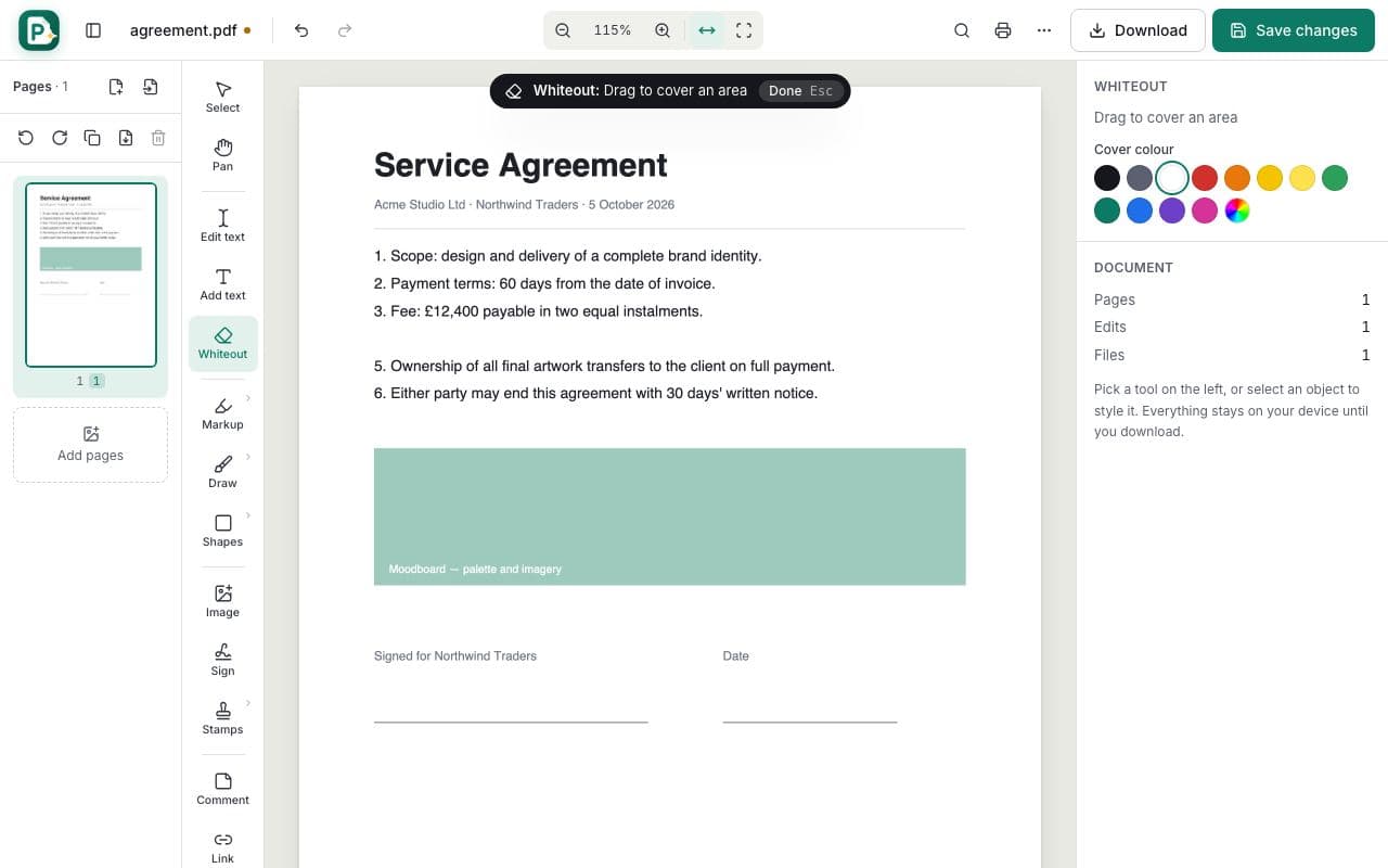 How to white out text in a PDF: step 2, choose whiteout and drag over the content in PDFella