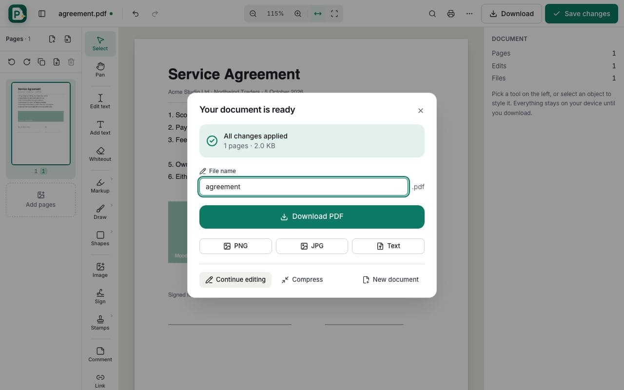 How to white out text in a PDF: step 4, save and download in PDFella