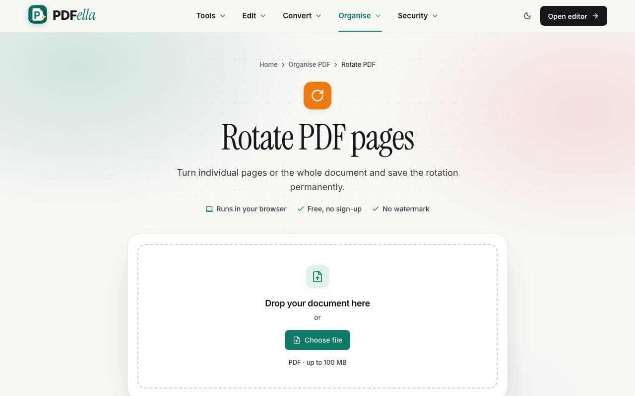 How to rotate PDF pages: step 1, upload your pdf in PDFella