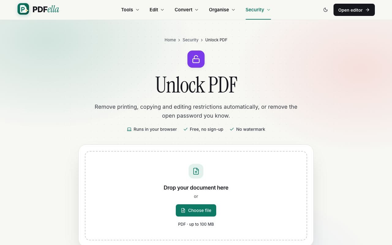 How to unlock a PDF: step 1, upload your pdf in PDFella